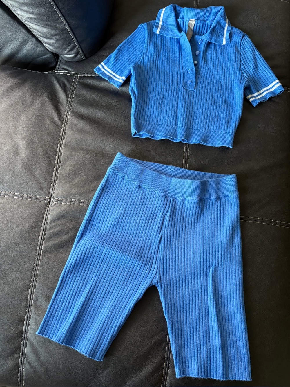 Women’s Blue Ribbed Two-Piece Short Set
